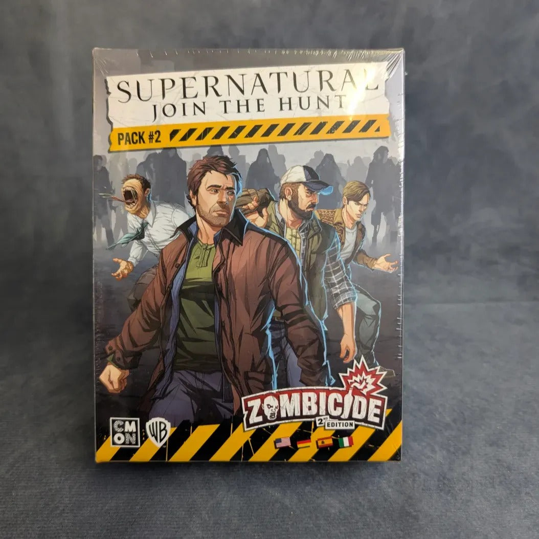 Asmodee's Zombicide 2. Edition - Supernatural: Join the Hunt Pack 2 ist ein Boxset mit detaillierten Miniaturen der Charaktere aus der Fernsehserie Supernatural, die in Action-Posen auf einem düster gestalteten Cover dargestellt werden.