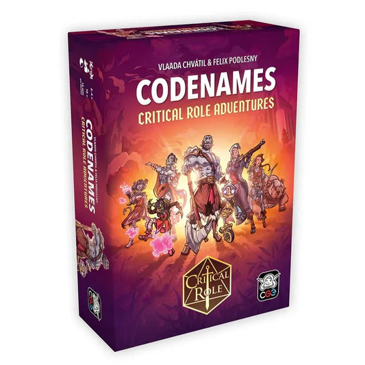 Die Abbildung zeigt die Spielschachtel von Codenames: Critical Role Adventures (deutsche Version) von HeidelBÄR Games, einem kooperativen Wortspiel mit Fantasy-Charakteren und Critical Role-Logo vor lila-orangefarbenem Hintergrund.