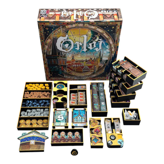 Der Orloj-Einsatz von 3D-Inset wird im Inneren der Orléans-Brettspielschachtel gezeigt, mit 3D-gedruckten Aufbewahrungsfächern, die Plättchen, Münzen, Figuren, Karten und lebendige Spielkomponenten ordentlich organisieren.