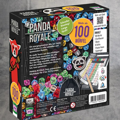 Die Rückseite der farbenfrohen Panda Royal-Schachtel von Spiel Das! zeigt einen Stapel bunter Würfel, einen schwarzen Beutel mit Kordelzug, Spielfiguren und einen Cartoon-Panda mit dem Hinweis, dass dieses Spiel über 100 Würfel enthält.