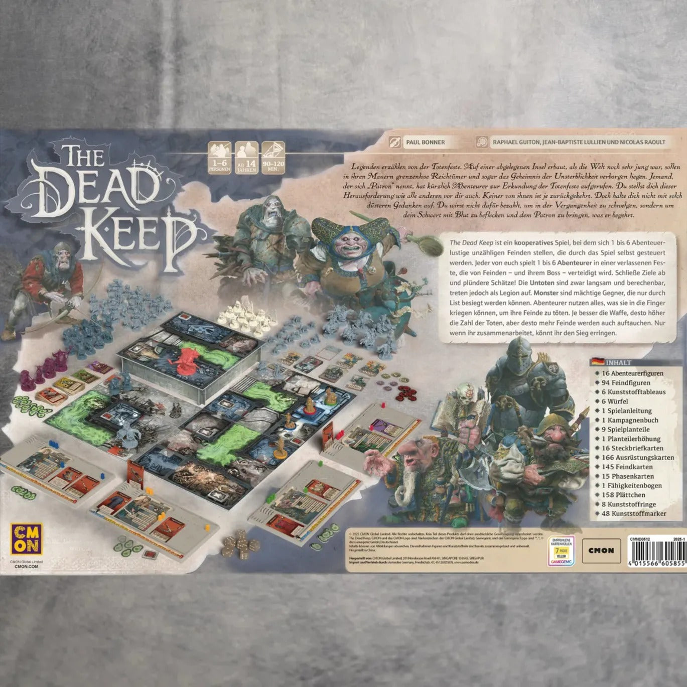 Die Rückseite von Dead Keep Deluxe + Goblin Chaos Erweiterung von Asmodee zeigt Spielkomponenten, illustrierte Monster, Miniaturen, Plättchen, Karten und einen Spielplanaufbau mit detaillierten deutschen Informationen auf einem strukturierten grauen Hintergrund.