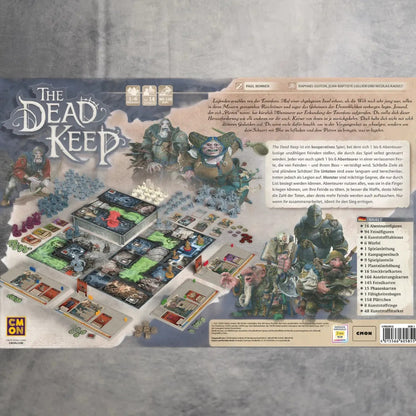 Die Rückseite von Dead Keep Deluxe + Goblin Chaos Erweiterung von Asmodee zeigt Spielkomponenten, illustrierte Monster, Miniaturen, Plättchen, Karten und einen Spielplanaufbau mit detaillierten deutschen Informationen auf einem strukturierten grauen Hintergrund.