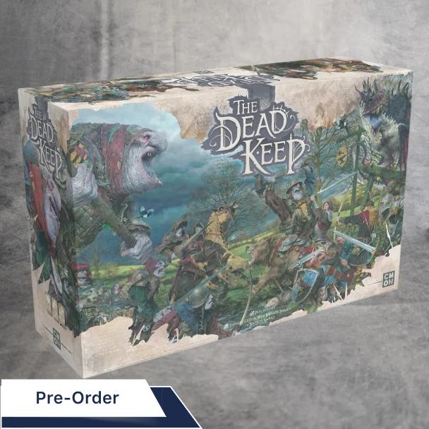 Eine Brettspielschachtel mit dem Titel Dead Keep Deluxe + Goblin Chaos Erweiterung von Asmodee zeigt Fantasy-Krieger im Kampf gegen Untote und ein riesiges Monster, mit einem Vorbestellungsaufkleber unten links für dieses spannende Dungeon-Crawling-Kampagnenspiel.