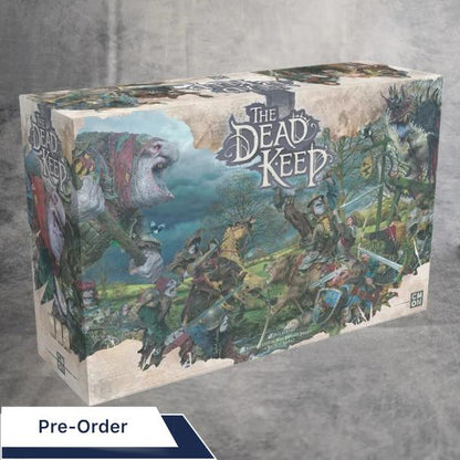 Eine Brettspielschachtel mit dem Titel Dead Keep Deluxe + Goblin Chaos Erweiterung von Asmodee zeigt Fantasy-Krieger im Kampf gegen Untote und ein riesiges Monster, mit einem Vorbestellungsaufkleber unten links für dieses spannende Dungeon-Crawling-Kampagnenspiel.