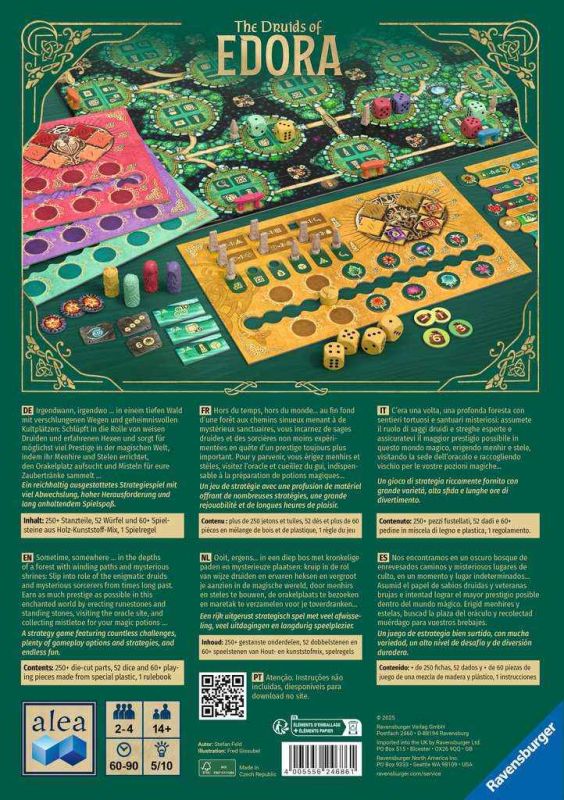 Die Rückseite der Schachtel Die Druiden von Edora von Pegasus Spiele zeigt den keltischen Wald des Spiels mit bunten Plättchen, Karten, dem Spielplan und mehrsprachigen Informationen.