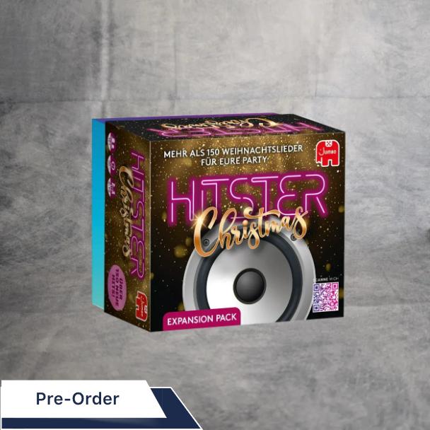 Ein lebendiges Hitster: Weihnachts-Erweiterungspack von Jumbo Spiele mit Lautsprechergrafiken, festlichen Lichtern und deutschem Text. Auf einem grauen Hintergrund mit einem Vorbestellungsbanner - ideal für jeden Weihnachtslieder-Spiel-Fan.