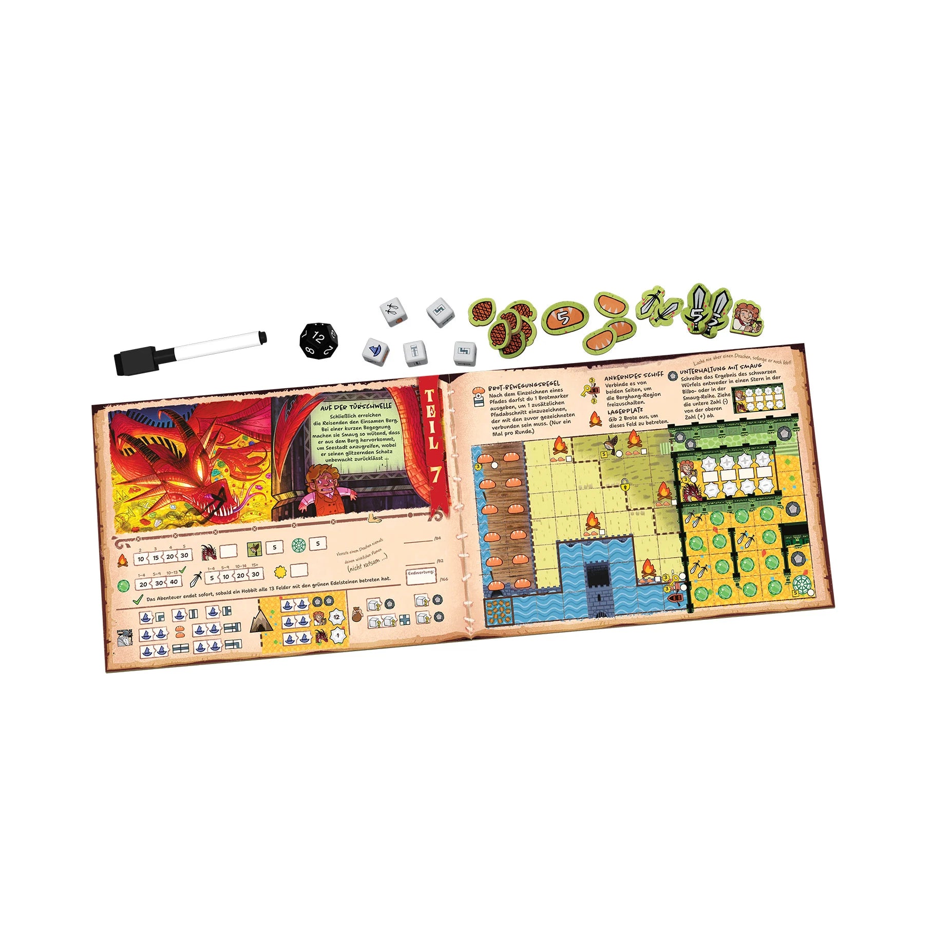 Ein offenes "Der Hobbit: Hin und zurück"-Spiel von Asmodee mit einer Drachen-Illustration, Anleitung, Trockenlöschmarker, Würfel und Plättchen auf weißem Hintergrund - ideal für ein spannendes Familienspiel oder Abenteuer-Brettspiel.