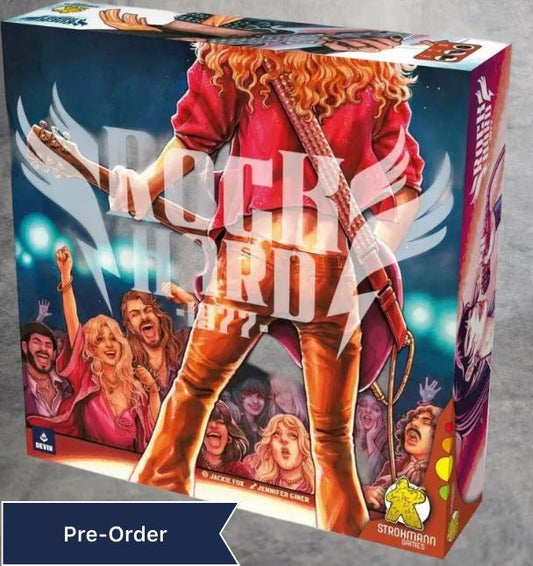 Die farbenfrohe Schachtel für Rock Hard: 1977 von Pegasus Spiele zeigt einen Gitarristen auf der Bühne, von hinten gesehen mit jubelnden Fans und hellen Lichtern - ein spannendes Worker-Placement-Spiel für angehende Rocklegenden.