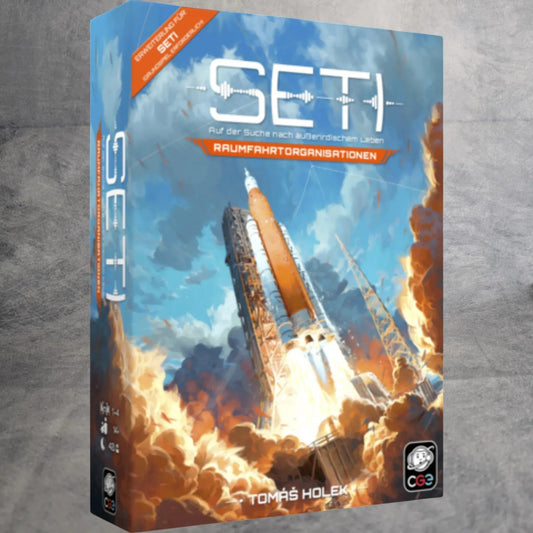Das Bild zeigt die Verpackung von SETI: Raumfahrtorganisationen Erweiterung von HeidelBÄR Games. Es zeigt einen Raketenstart und einen deutschen Text über strategische Möglichkeiten, außerirdisches Leben zu entdecken. In der unteren linken Ecke befindet sich ein Vorbestellungsetikett.