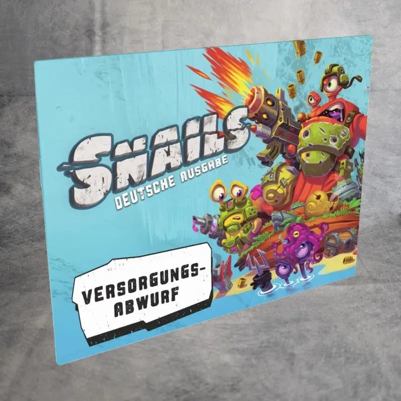 Die vibrierenden Schnecken: Das Brettspiel + Versorgungsabwurf Erweiterung von JoeKas World GmbH zeigt gepanzerte Cartoon-Schnecken und Roboter in Aktion vor einem blauen Hintergrund und unterstreicht dieses taktische Miniatur-Brettspiel.
