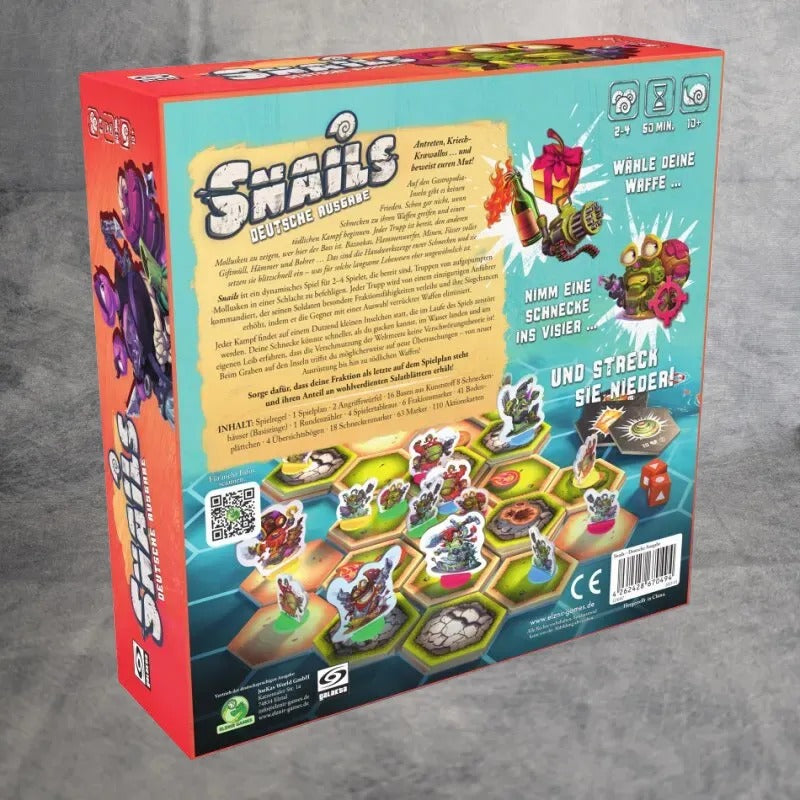 Die Rückseite der Schnecken: Das Brettspiel + Versorgungsabwurf Erweiterung von JoeKas World GmbH finden sich bunte Schneckenfiguren, Spielfiguren, Hex-Plättchen, deutscher Text und lebendige Illustrationen zu Spielablauf und Inhalt.