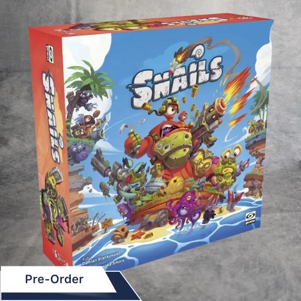 The Snails: Das Brettspiel + Versorgungsabwurf Erweiterung von JoeKas World GmbH zeigt Cartoon-Schnecken in Panzern, die auf einer lebendigen Insel kämpfen, mit Explosionen, Chaos und einem auffälligen Spiellogo auf der bunten Schachtel.