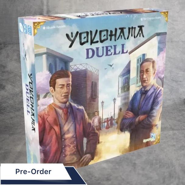 Die Yokohama: Duell von Synapses Games zeigt zwei Männer in historischer Kleidung auf einer japanischen Straße der Meiji-Ära. In der Ecke sind der Titel des Spiels und ein Vorbestellungsetikett abgebildet.