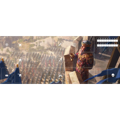 Ein mittelalterlicher König in prächtiger Rüstung steht auf einem Burgbalkon über einer Armee. Die Gwent-Spielmatten-Symbole von Asmodee und ein Kalender-Overlay erinnern an die strategische Welt von The Witcher.