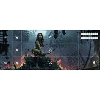 Die Asmodee Gwent Spielmatten zeigen ein von The Witcher inspiriertes Fantasy-Spielbrett, das eine wilde Frau mit Dreadlocks und einem Bogen inmitten von Ruinen und Feuer in einem dunklen Wald zeigt, mit Symbolen und einem Tracker auf Neoprenmatte.