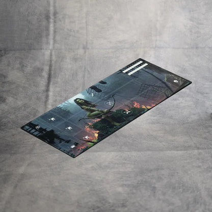 Die Asmodee Gwent: Spielmatten ist eine rechteckige Neoprenmatte mit einer Fantasy-Illustration einer dunkelhaarigen Frau, die eine Axt hält, umgeben von Symbolen und Gittern, inspiriert von The Witcher Kartenspiel, dargestellt auf einer neutralgrauen Oberfläche.