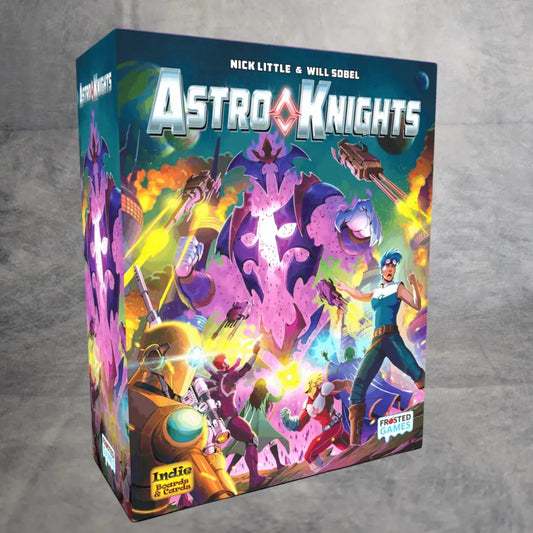 Das Cover des Brettspiels Astro Knights von Frosted Games zeigt Helden in futuristischen Rüstungen, die gegen einen riesigen lilafarbenen Roboter inmitten farbenfroher Explosionen im Weltraum kämpfen.