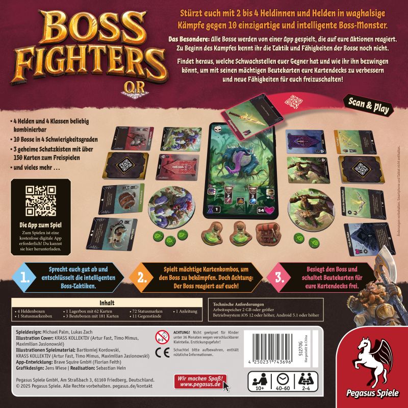 Die Rückseite der Boss Fighters QR-Schachtel von Pegasus Spiele zeigt Deckbau-Komponenten, deutsche Highlights, einen QR-Code und Fantasy-Monster- und Heldengrafiken für dieses kooperative Abenteuer-Brettspiel.