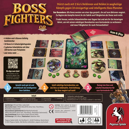 Die Rückseite der Boss Fighters QR-Schachtel von Pegasus Spiele zeigt Deckbau-Komponenten, deutsche Highlights, einen QR-Code und Fantasy-Monster- und Heldengrafiken für dieses kooperative Abenteuer-Brettspiel.