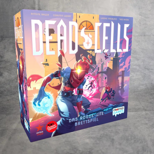 Die Frosted Games Dead Cells Brettspiel-Box zeigt eine lebendige gepanzerte Figur mit einem feurigen Kopf, glühende Magie in der Hand und eine Fantasy-Stadt mit leuchtenden Ruinen im Hintergrund.