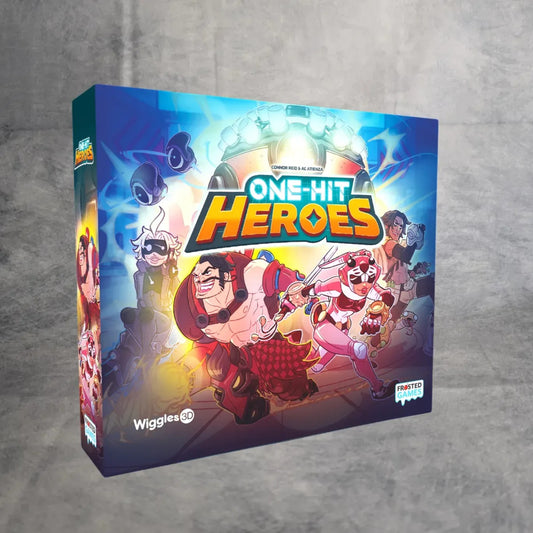Das Bild zeigt die One Hit Heros-Brettspielschachtel von Frosted Games mit Helden in Action-Posen im Comic-Stil, mit lebendigem Artwork und kräftiger, dynamischer Beleuchtung auf dem Cover.
