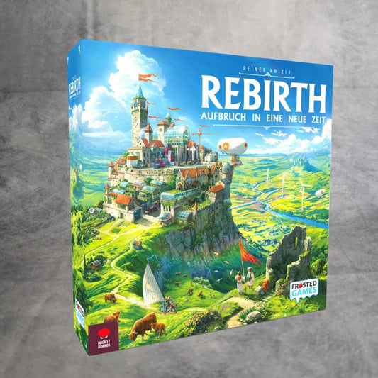 Das Frosted Games Brettspiel "Rebirth: Aufbruch in eine neue Zeit" kommt in einer farbenfrohen Schachtel, die eine lebendige mittelalterliche Stadt auf einem Hügel mit Feldern, Windmühlen und Tieren unter einem strahlend blauen Himmel zeigt.