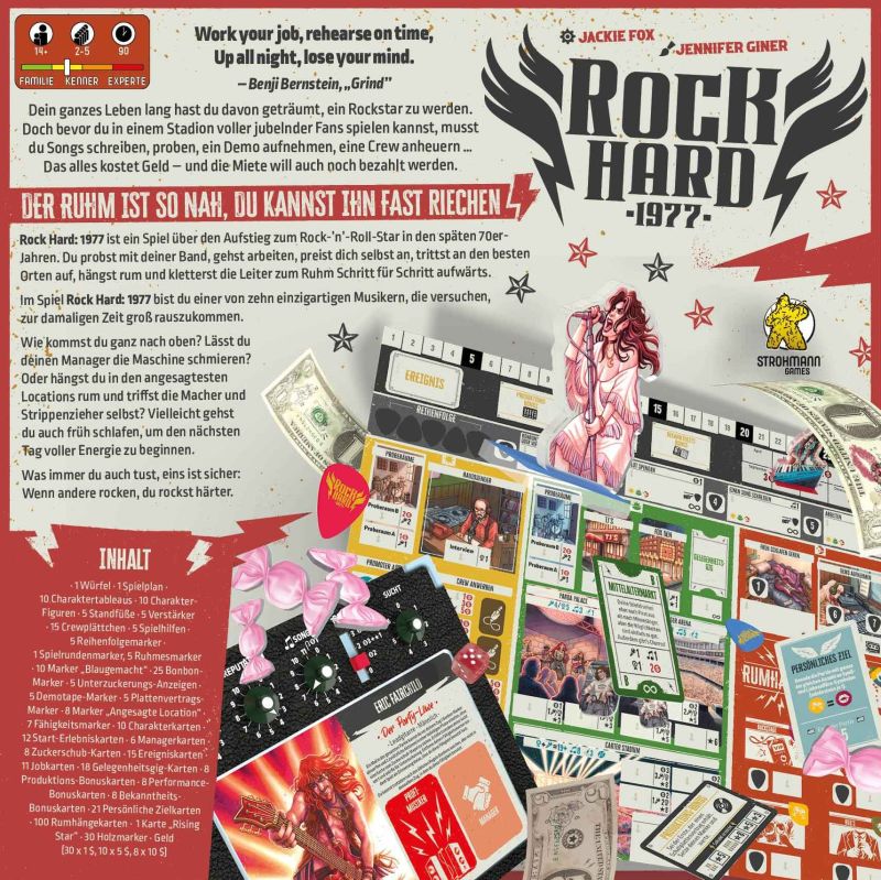 Die farbenfrohe Schachtel und die Komponenten von Rock Hard: 1977 von Pegasus Spiele - Karten, Plättchen, Würfel, Rock-Legende-Spielbrett, Regelbuch und gefiederter Würfelbeutel - fangen ein Retro-Rockgefühl der 70er Jahre ein. Der deutsche Text beschreibt dieses Worker-Placement-Spiel.