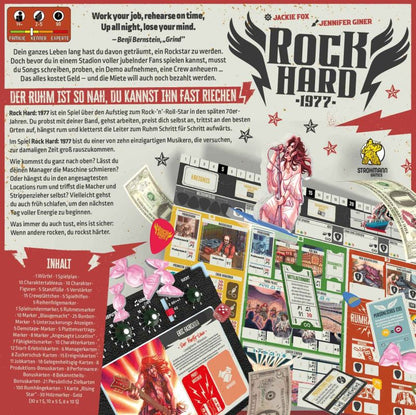 Die farbenfrohe Schachtel und die Komponenten von Rock Hard: 1977 von Pegasus Spiele - Karten, Plättchen, Würfel, Rock-Legende-Spielbrett, Regelbuch und gefiederter Würfelbeutel - fangen ein Retro-Rockgefühl der 70er Jahre ein. Der deutsche Text beschreibt dieses Worker-Placement-Spiel.