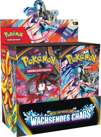 Eine Display-Box von Pokemon PKM ME04 Wachsendes Chaos Booster von Burst Spiele, mit lebendigen Pokémon-Artworks auf der Verpackung.