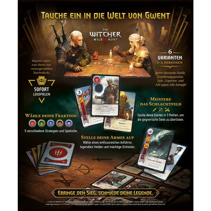 Werbebild für Gwent: Das legendäre Kartenspiel von No Loading Games, mit Geralt und Ciri beim Kartenspielen an einem Tisch, deutschen Spielinformationen, Musterkarten und Spielsteinen vor einem dunklen Fantasy-Hintergrund.