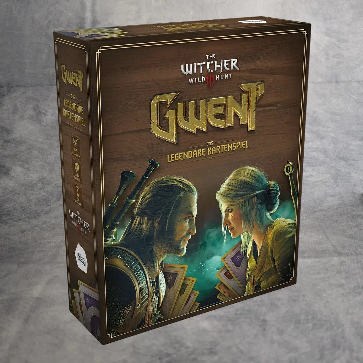 Ein Boxset von Gwent: Das legendäre Kartenspiel von No Loading Games, bei dem sich Geralt und Ciri vor einem Hintergrund aus Spielkarten gegenüberstehen.