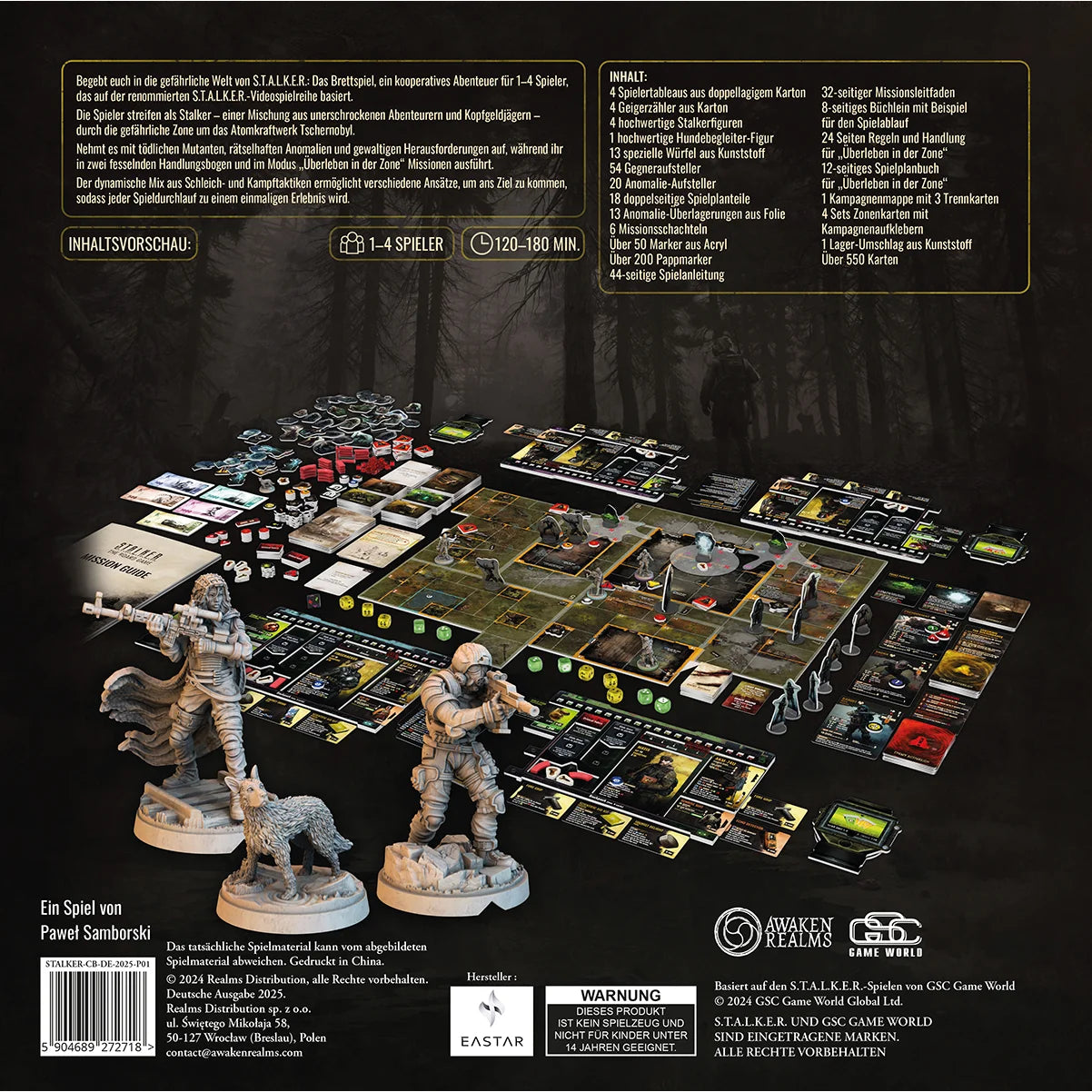 Die Rückseite der Stalker: Das Brettspiel von Awaken Realms zeigt ein großes Spielbrett, Karten, Plättchen und drei graue Miniaturen in einem dunklen Wald - ideal für ein kooperatives Abenteuer in der postapokalyptischen Zone.