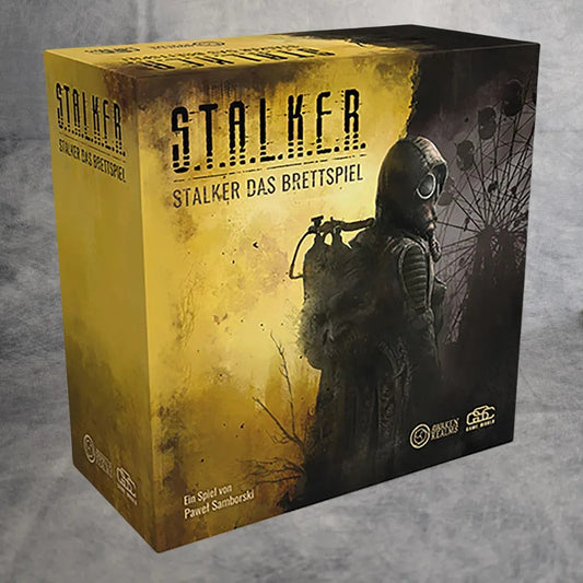 Der Stalker: Das Brettspiel-Box von Awaken Realms zeigt eine Figur mit Gasmaske und Rucksack vor einem dunklen, unheimlichen Hintergrund mit einem Riesenrad in der postapokalyptischen Zone.