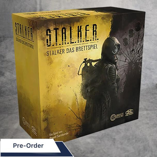 Der Stalker: Das Brettspiel-Box von Awaken Realms zeigt eine Figur mit Gasmaske und Rucksack vor einem dunklen, unheimlichen Hintergrund mit einem Riesenrad in der postapokalyptischen Zone.